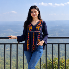 Refined Blue Rayon Embroidered Top