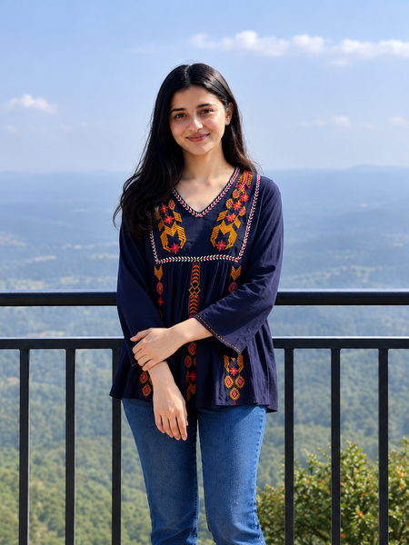 Refined Blue Rayon Embroidered Top