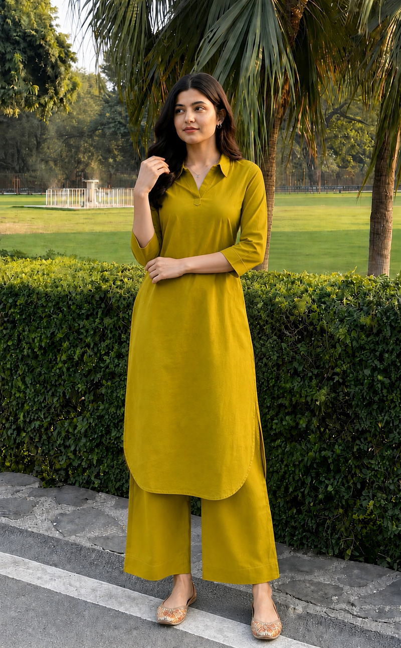 Solid Cotton Kurta Pant Set