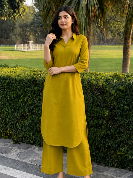 Solid Cotton Kurta Pant Set