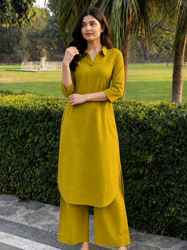 Solid Cotton Kurta Pant Set