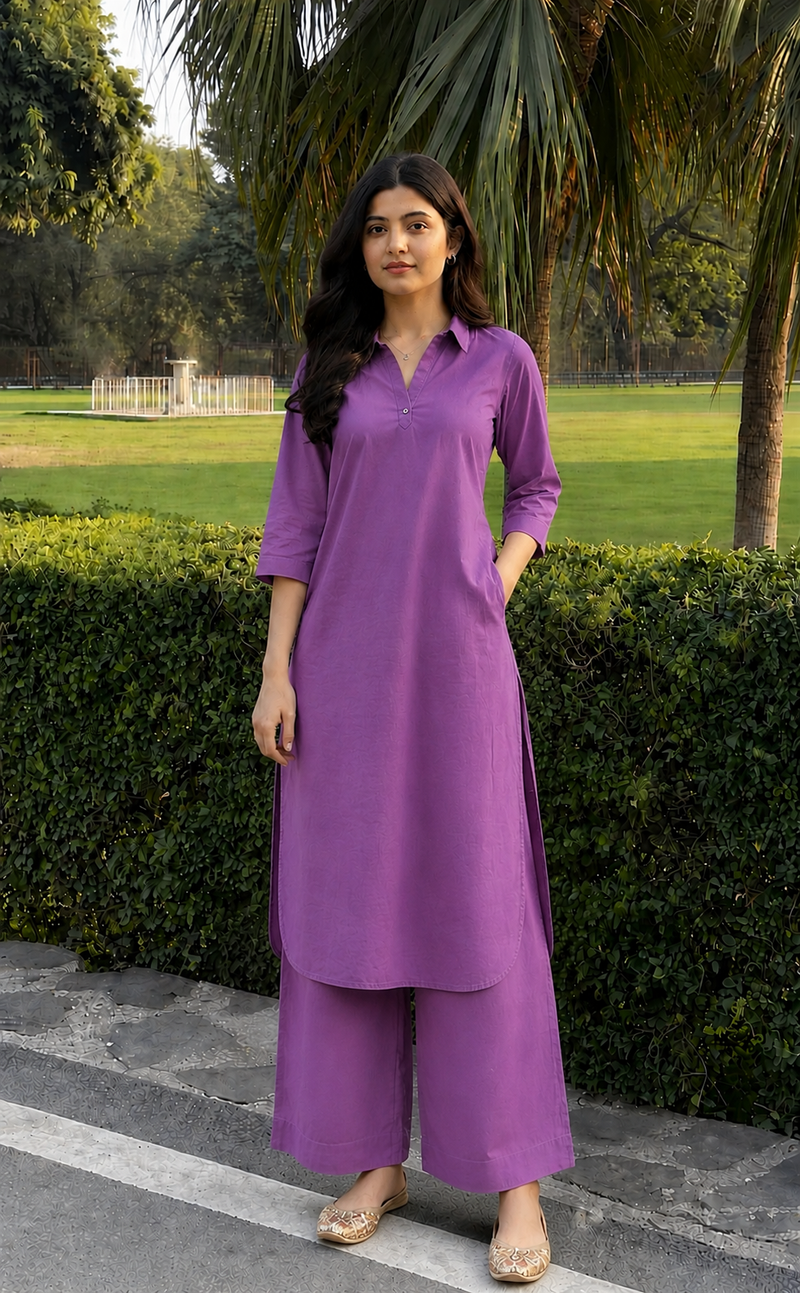 Solid Cotton Kurta Pant Set