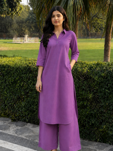 Solid Cotton Kurta Pant Set