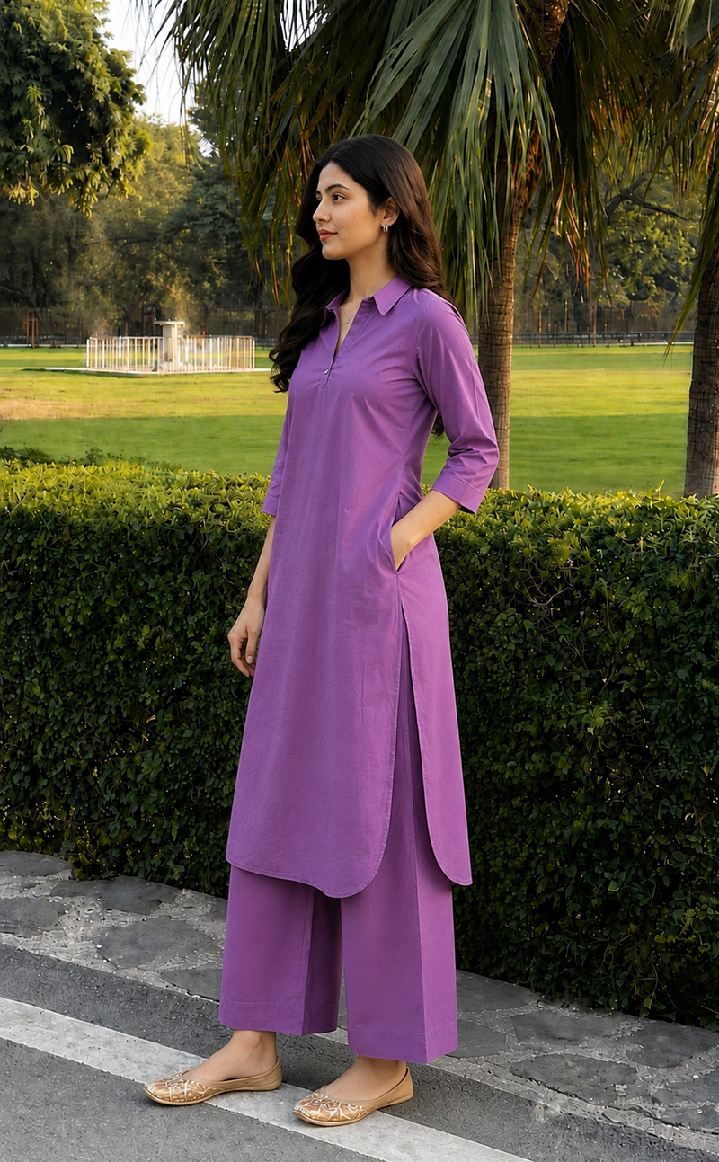 Solid Cotton Kurta Pant Set