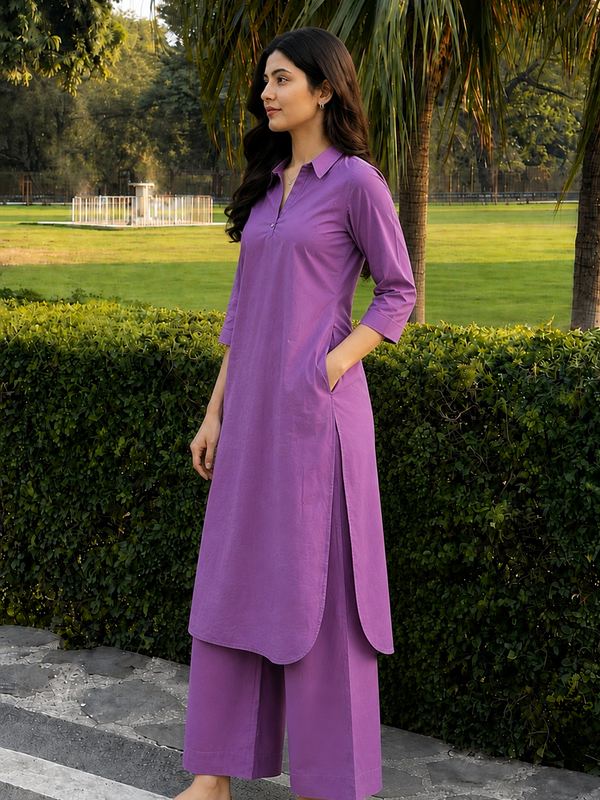 Solid Cotton Kurta Pant Set