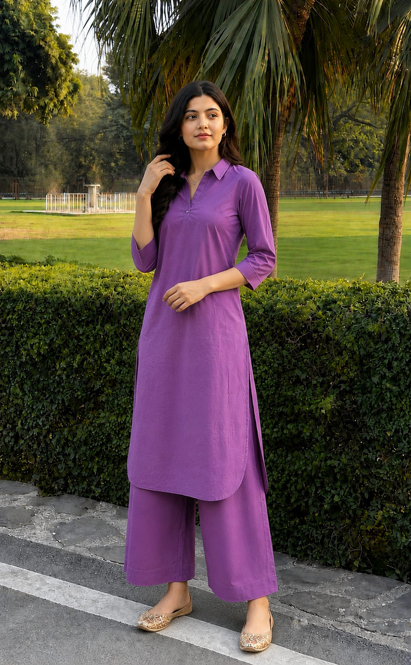Solid Cotton Kurta Pant Set