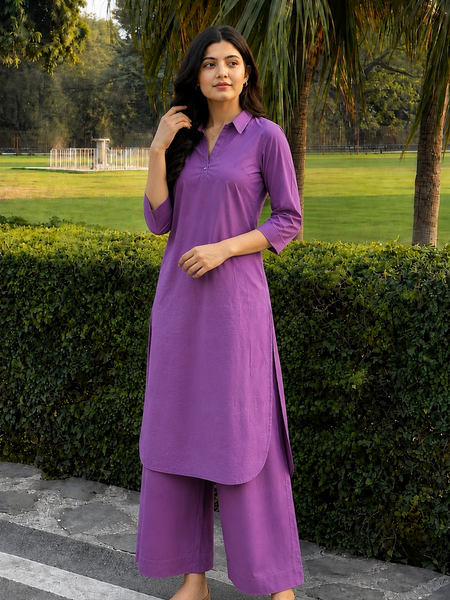 Solid Cotton Kurta Pant Set