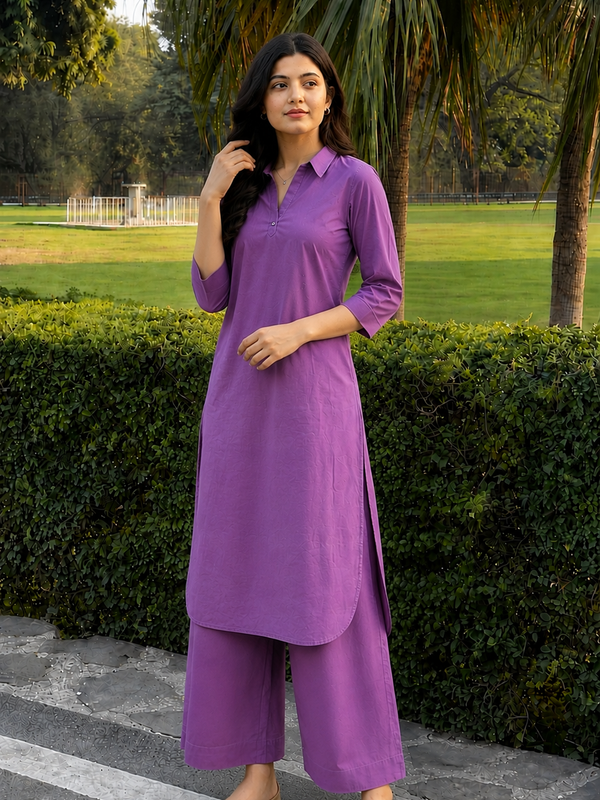 Solid Cotton Kurta Pant Set