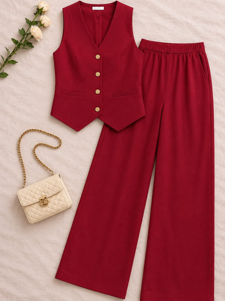 Bold Red Cotton Flex Sleeveless Co-Ord Set