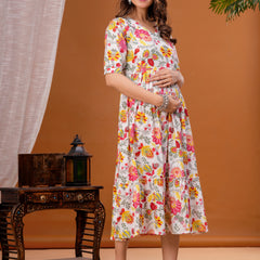 Maternity Feeding Kurti with Zipper | Cotton Floral Printed Pregnancy & Nursing Dress | Comfortable & Stylish Maternity Wear for Women | Breastfeeding Kurta with Zipper | Soft & Elegant