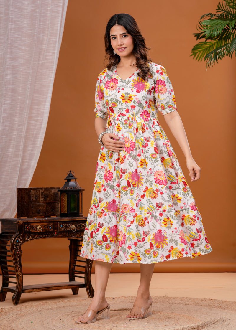 Maternity Feeding Kurti with Zipper | Cotton Floral Printed Pregnancy & Nursing Dress | Comfortable & Stylish Maternity Wear for Women | Breastfeeding Kurta with Zipper | Soft & Elegant