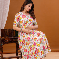 Maternity Feeding Kurti with Zipper | Cotton Floral Printed Pregnancy & Nursing Dress | Comfortable & Stylish Maternity Wear for Women | Breastfeeding Kurta with Zipper | Soft & Elegant