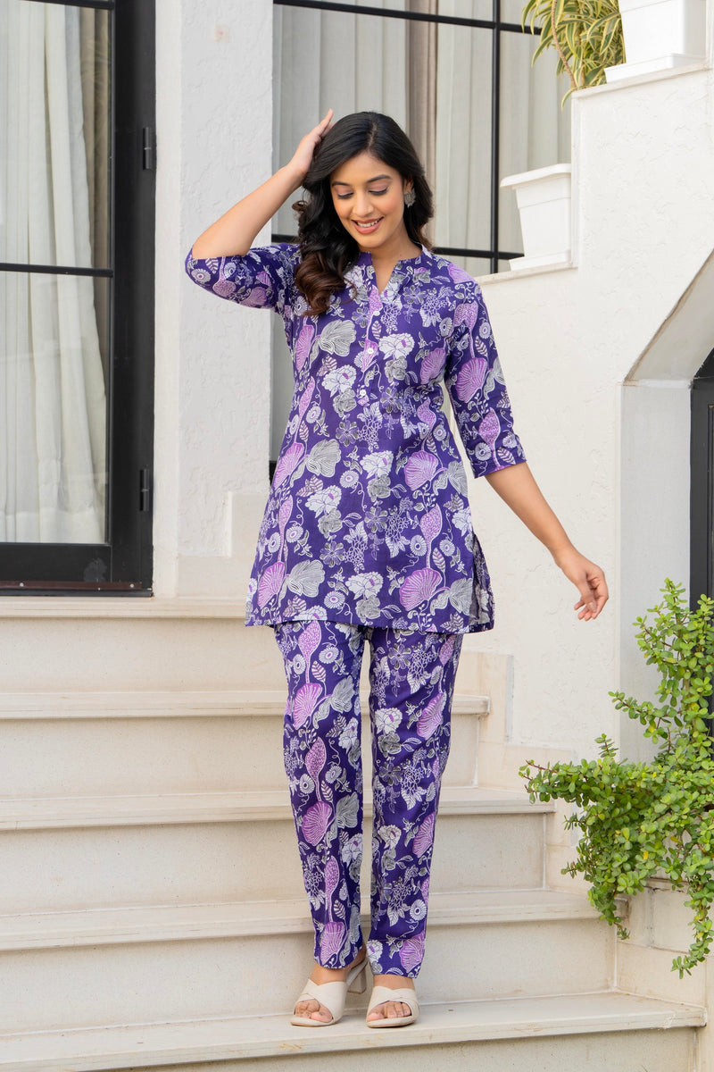 Purple Floral Cotton Co-Ord Set