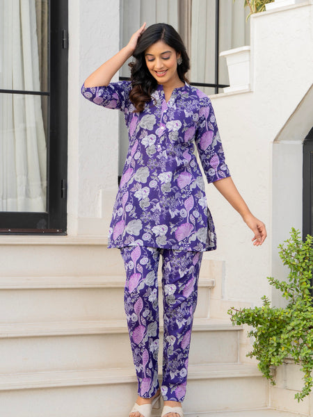 Purple Floral Cotton Co-Ord Set