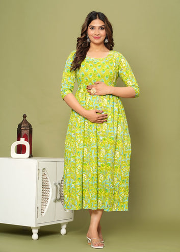 Fresh Lime Green Floral Maternity & Nursing Dress