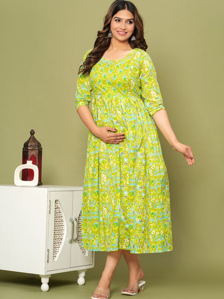Fresh Lime Green Floral Maternity & Nursing Dress