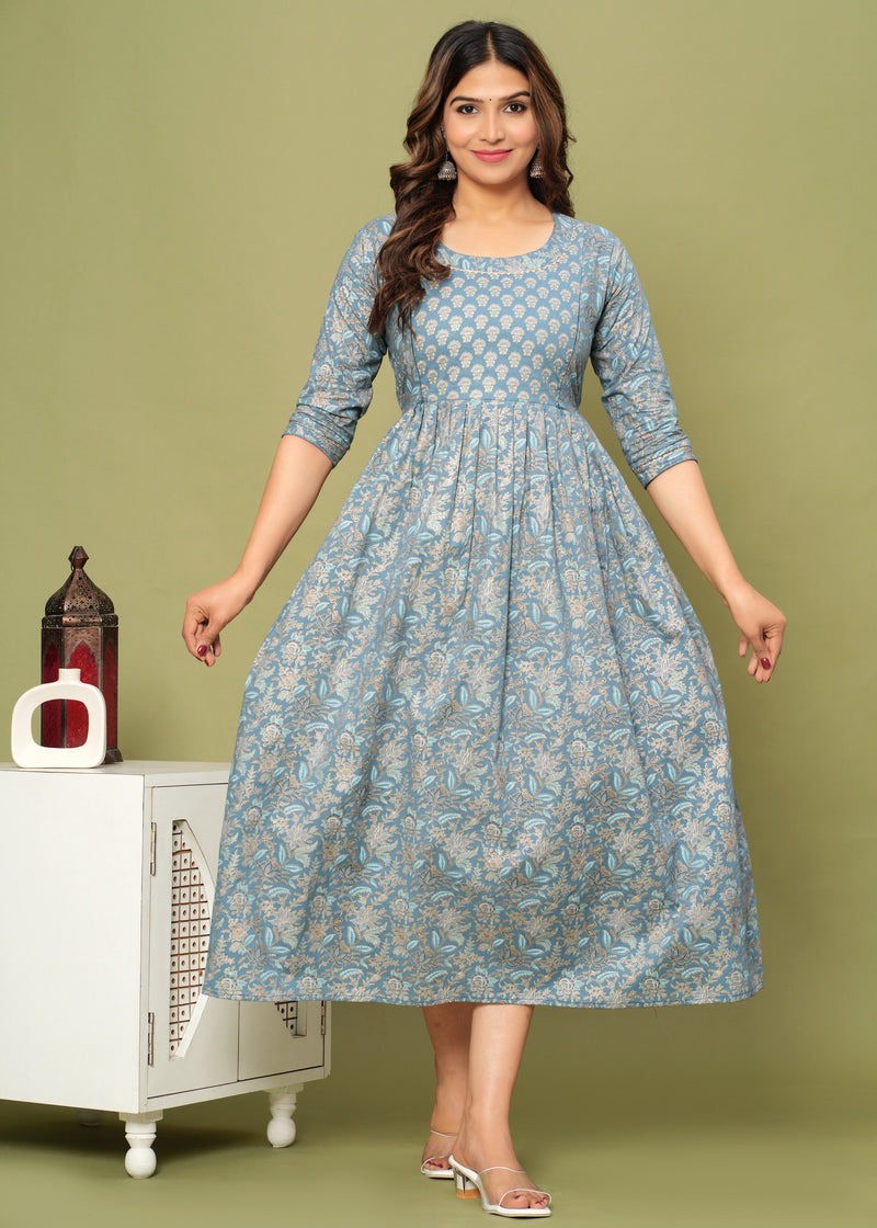 Elegant Grey-Gold Cotton Maternity Kurti Front
