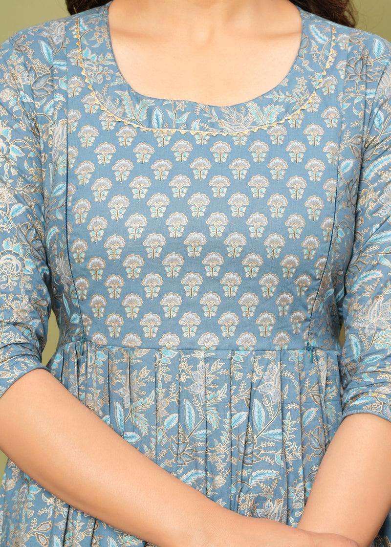 Elegant Grey-Gold Cotton Maternity Kurti Neck View