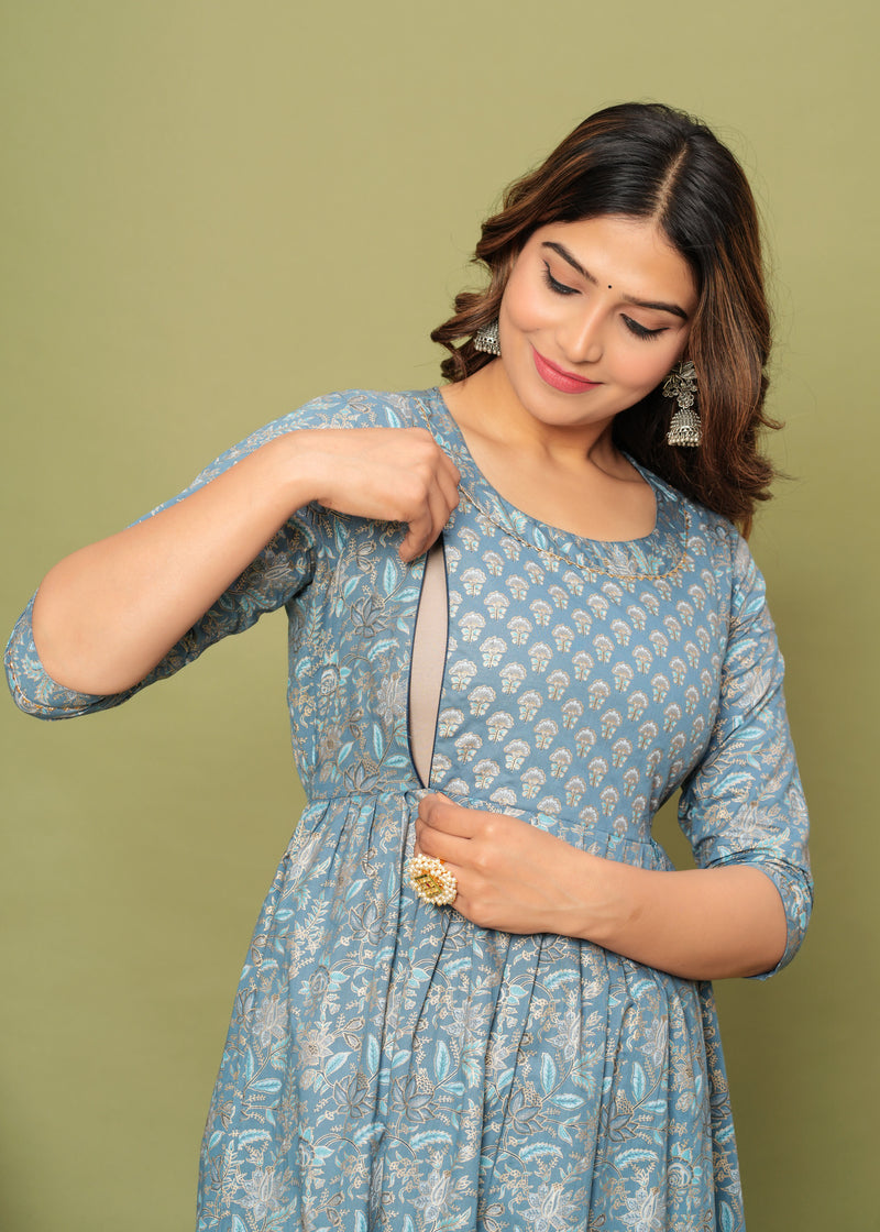 Elegant Grey-Gold Cotton Maternity Kurti Side