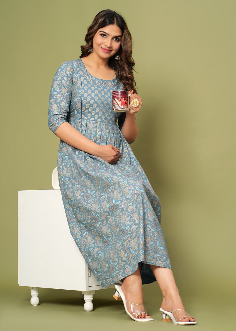 Elegant Grey-Gold Cotton Maternity Kurti