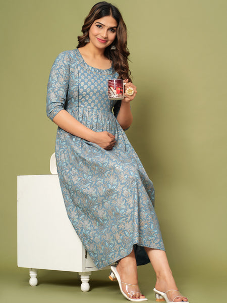 Elegant Grey-Gold Cotton Maternity Kurti