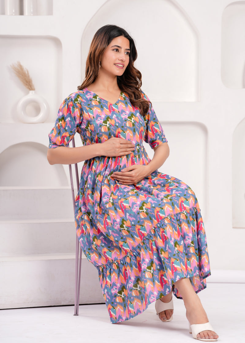 Maternity Feeding Kurti with Zipper | Cotton Floral Printed Pregnancy & Nursing Dress | Comfortable & Stylish Maternity Wear for Women | Breastfeeding Kurta with Zipper | Soft & Elegant