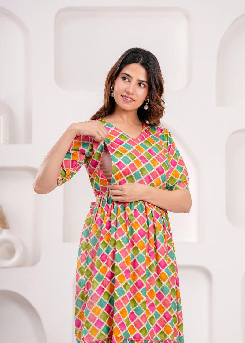 Maternity Feeding Kurti with Zipper | Cotton Floral Printed Pregnancy & Nursing Dress | Comfortable & Stylish Maternity Wear for Women | Breastfeeding Kurta with Zipper | Soft & Elegant