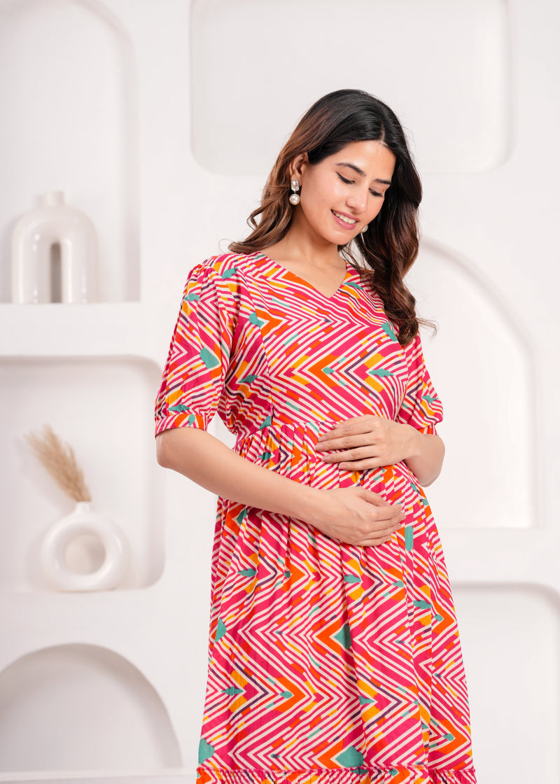 Maternity Feeding Kurti with Zipper | Cotton Floral Printed Pregnancy & Nursing Dress | Comfortable & Stylish Maternity Wear for Women | Breastfeeding Kurta with Zipper | Soft & Elegant