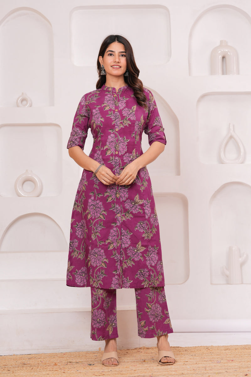 Graceful Magenta Floral Kurta Set with Straight Pants – Elegant Everyday Ethnic Wear