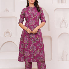 Graceful Magenta Floral Kurta Set with Straight Pants – Elegant Everyday Ethnic Wear