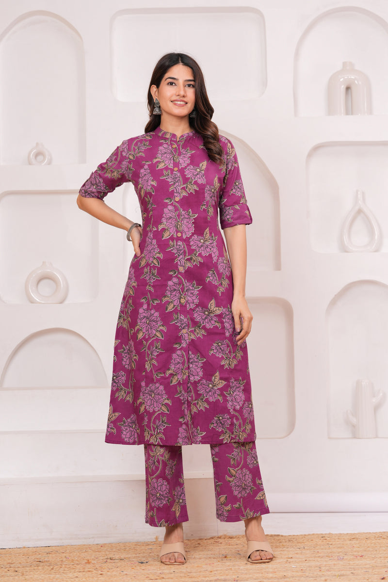Graceful Magenta Floral Kurta Set with Straight Pants – Elegant Everyday Ethnic Wear