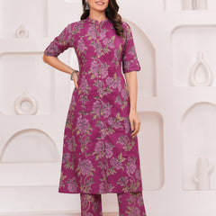 Graceful Magenta Floral Kurta Set with Straight Pants – Elegant Everyday Ethnic Wear