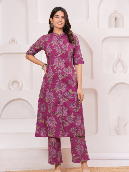 Graceful Magenta Floral Kurta Set with Straight Pants – Elegant Everyday Ethnic Wear