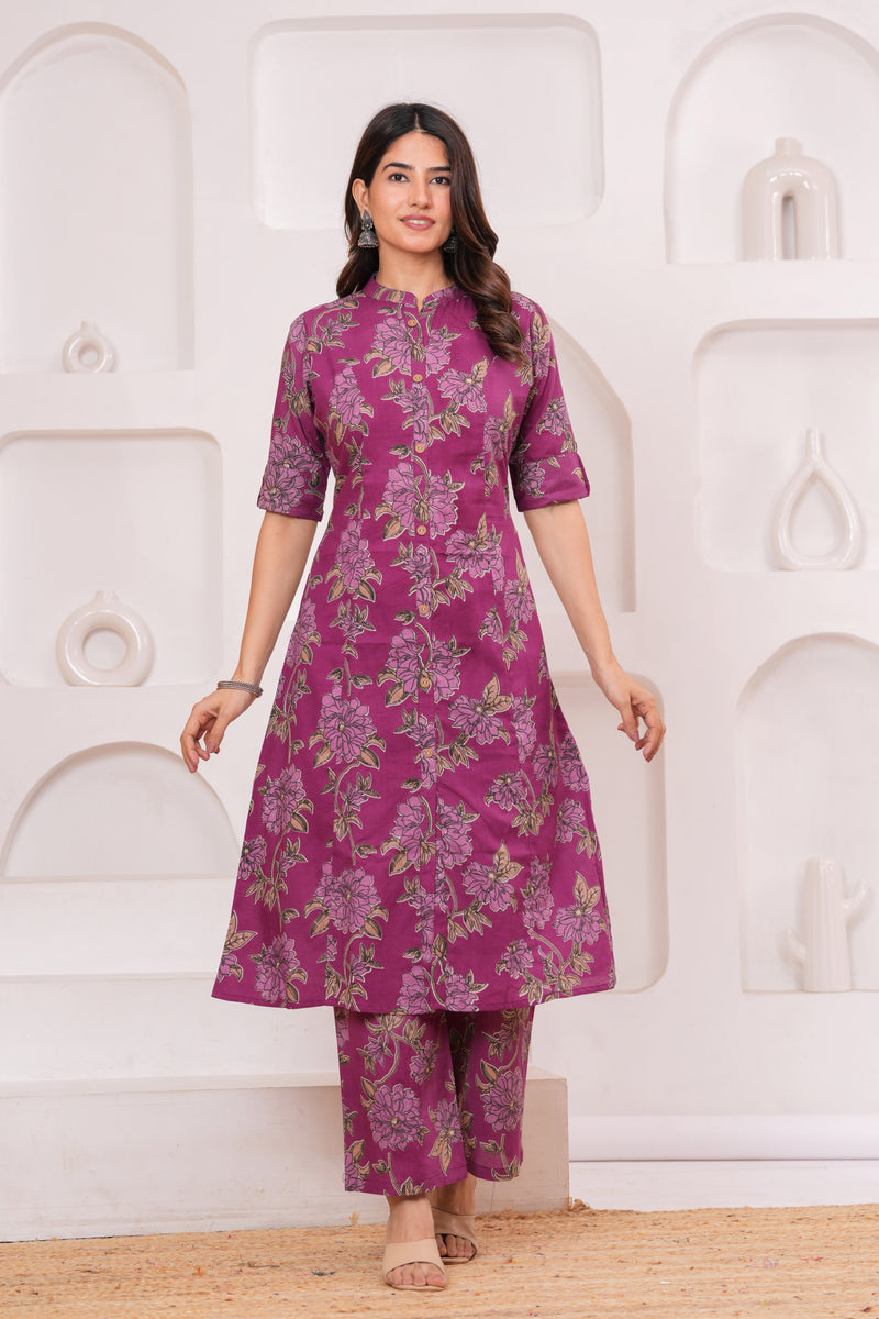 Graceful Magenta Floral Kurta Set with Straight Pants – Elegant Everyday Ethnic Wear
