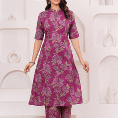Graceful Magenta Floral Kurta Set with Straight Pants – Elegant Everyday Ethnic Wear
