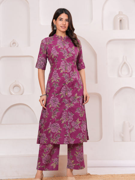 Graceful Magenta Floral Kurta Set with Straight Pants – Elegant Everyday Ethnic Wear