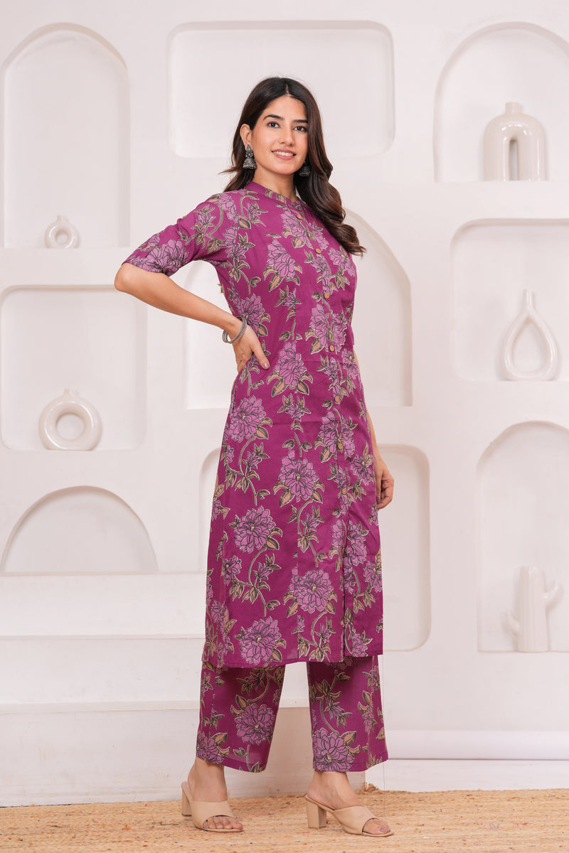 Graceful Magenta Floral Kurta Set with Straight Pants – Elegant Everyday Ethnic Wear