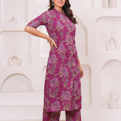 Graceful Magenta Floral Kurta Set with Straight Pants – Elegant Everyday Ethnic Wear