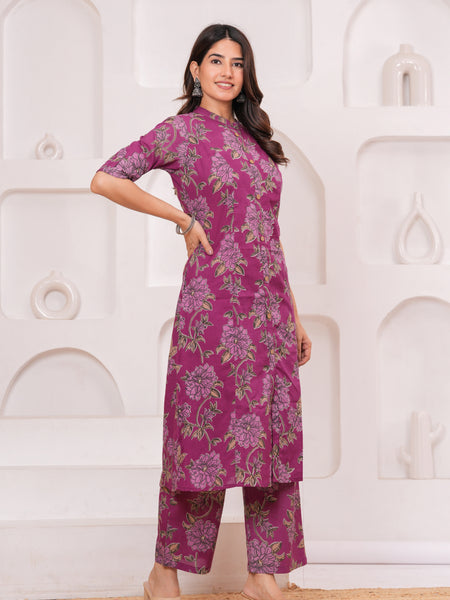 Graceful Magenta Floral Kurta Set with Straight Pants – Elegant Everyday Ethnic Wear