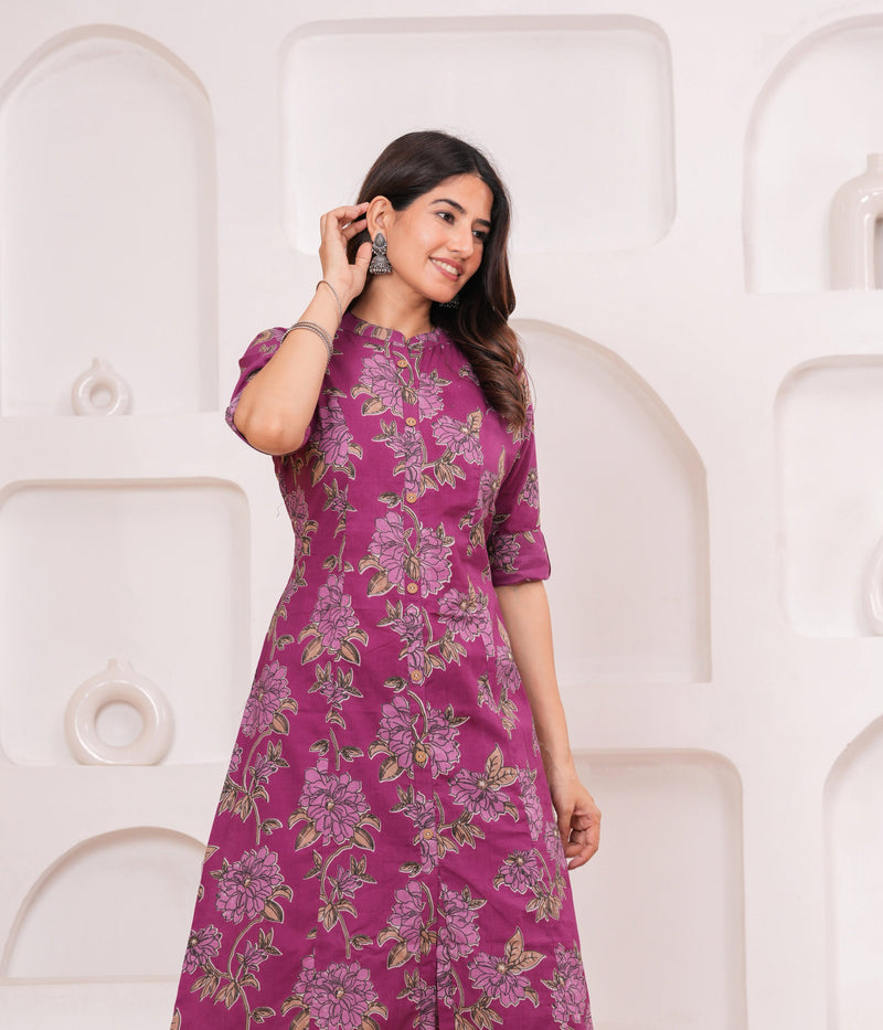 Graceful Magenta Floral Kurta Set with Straight Pants – Elegant Everyday Ethnic Wear