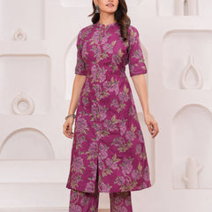 Graceful Magenta Floral Kurta Set with Straight Pants – Elegant Everyday Ethnic Wear
