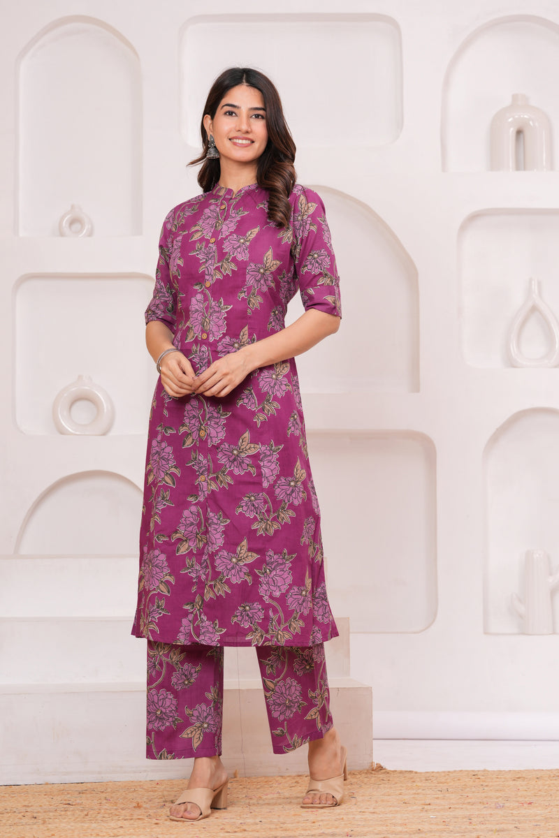 Graceful Magenta Floral Kurta Set with Straight Pants – Elegant Everyday Ethnic Wear