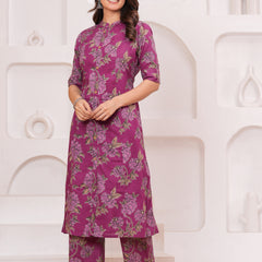 Graceful Magenta Floral Kurta Set with Straight Pants – Elegant Everyday Ethnic Wear