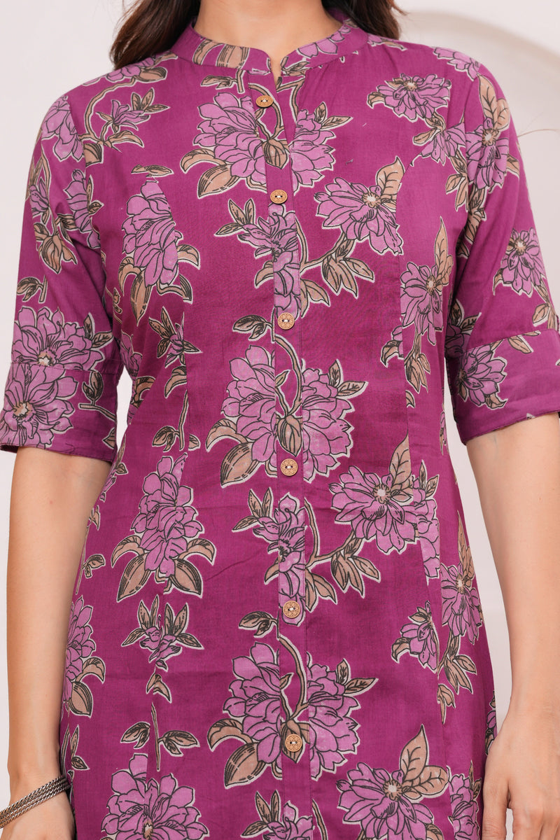 Graceful Magenta Floral Kurta Set with Straight Pants – Elegant Everyday Ethnic Wear