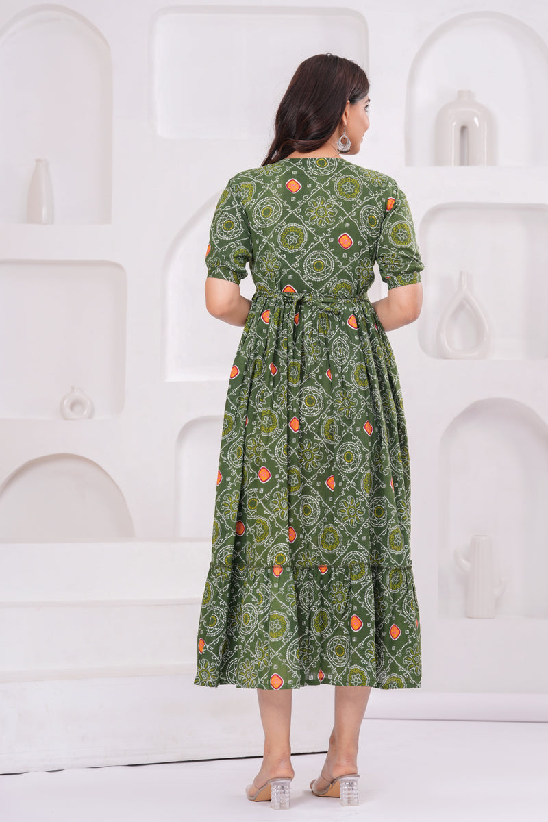 Olive Block Print Maternity Anarkali Midi Kurta