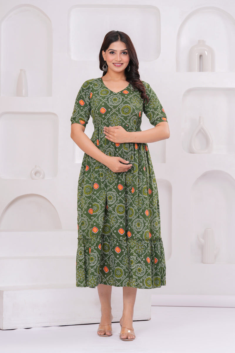 Olive Block Print Maternity Anarkali Midi Kurta