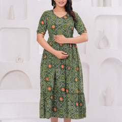 Olive Block Print Maternity Anarkali Midi Kurta