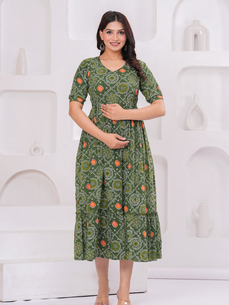 Olive Block Print Maternity Anarkali Midi Kurta