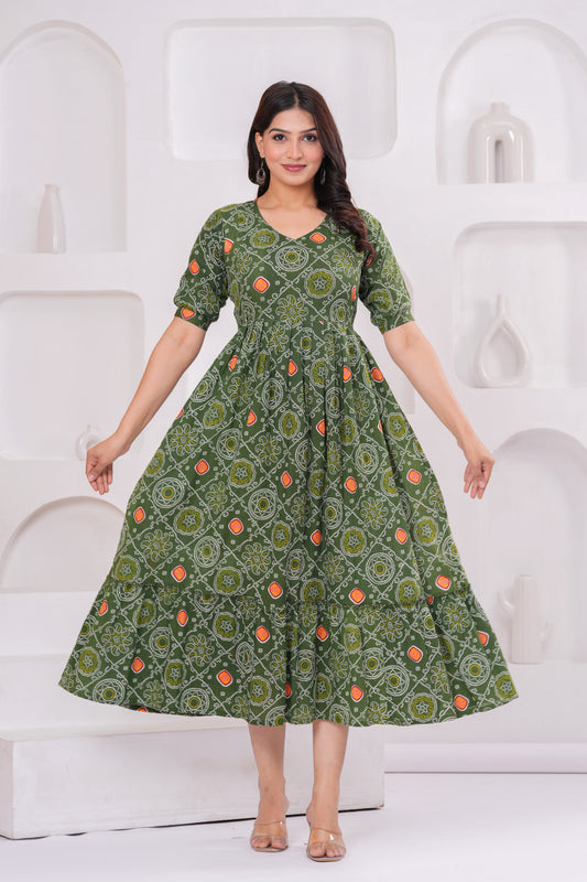 Olive Block Print Maternity Anarkali Midi Kurta