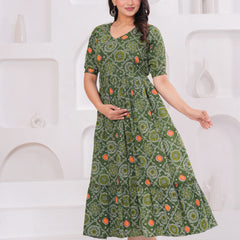 Olive Block Print Maternity Anarkali Midi Kurta